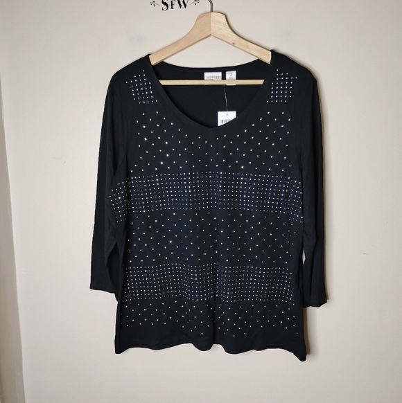 Chico’s Zenergy Erica Top L Black Sparkle 3/4 Sleeve Modal NEW - Picture 2 of 10